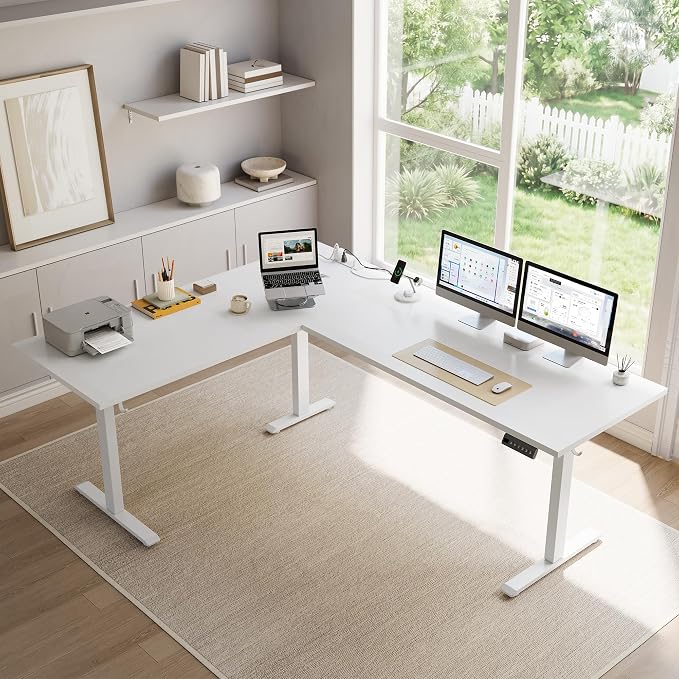 Klicelor L Shaped Standing Desk 75 x 61 Inch,Electric Height Adjustable Corner Desk with Cable Management & Power Outlets, Ergonomic Sit Stand Up Computer Table for Home Office,White - Image 2