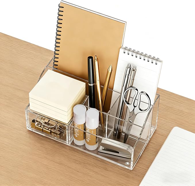 HBlife Acrylic Desk Organizer with Drawer, Pen & Pencil Holder, Multifunctional Desktop Caddy for Office Supply and Organization - Image 5