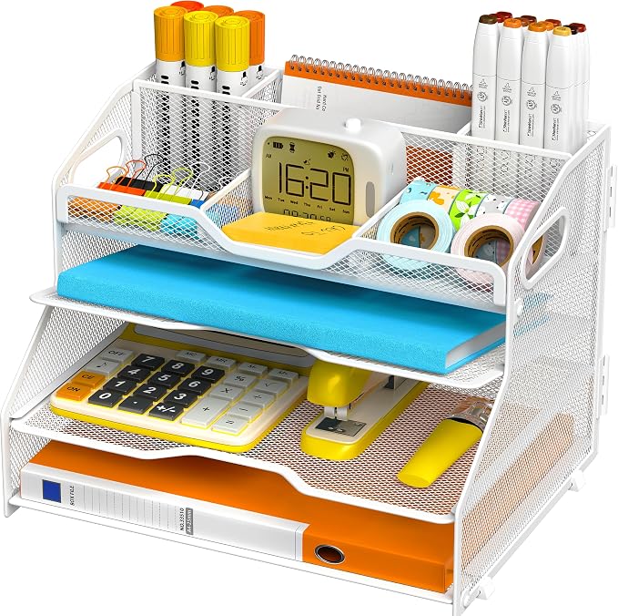 4 Tier Metal Desk Organizer with Magazine File Holder, White | Space saving workspace desk file trays. Includes pencil holder and portable handles. Ideal for school and office supplies by Unknown