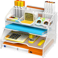 4 Tier Metal Desk Organizer with Magazine File Holder, White | Space saving workspace desk file trays. Includes pencil holder and portable handles. Ideal for school and office supplies by Unknown