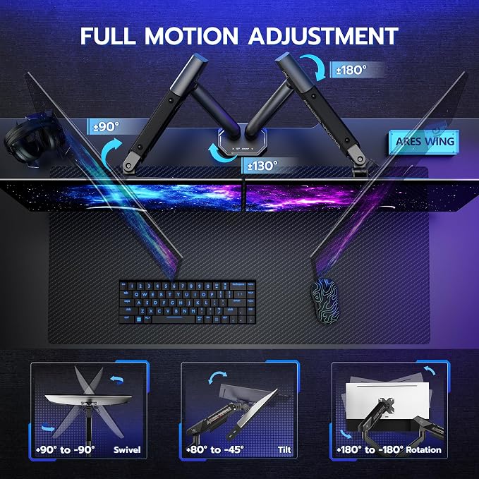 ARES WING 17-35 Inch Heavy Duty Dual Monitor Arm with USB, Black | Fully Adjustable Monitor Mount for Flat Curved Ultrawide Screens Up to 26.5lbs, C-Clamp & Grommet Base, 75/100 Vesa Mount - Image 4