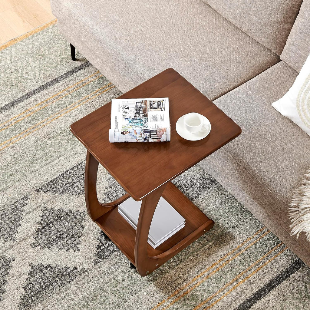 Solid Wood C Shaped End Table with Wheels,Walnut Color(15.7" W) - Image 7