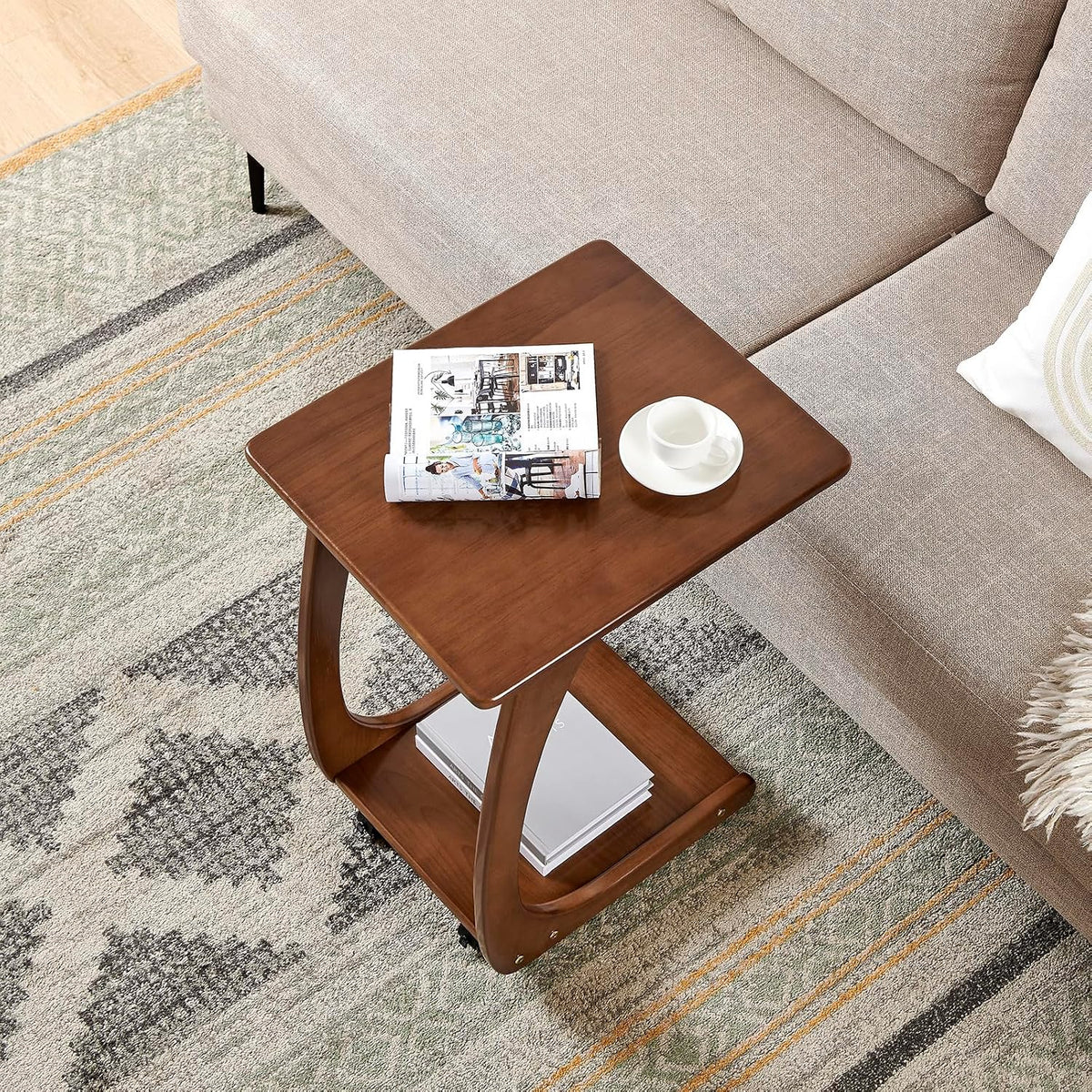 Solid Wood C Shaped End Table with Wheels,Walnut Color(15.7" W) - Image 7