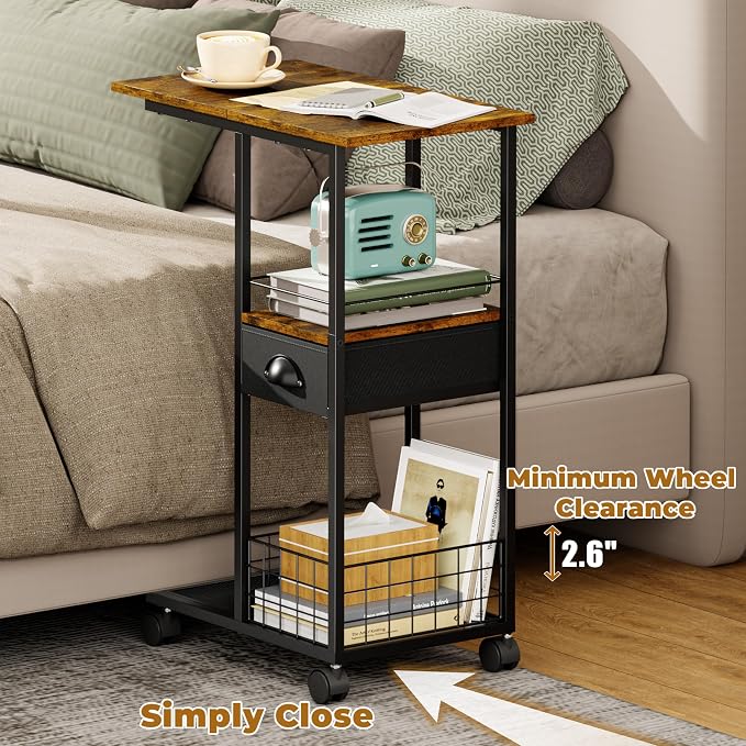 C Shaped Sofa Side Table with Wheels, Rolling Small Coffee Table with Drawer, Portable TV Tray Table for Couch, Bedside Table with Storage, Narrow Nightstand for Bedroom, End Tables Living Room - Image 7