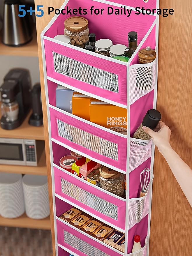 JARLINK Over the Door Organizer for Bathroom, 5 Shelf Rose Pink, 2 Pack | Anti-Tilt Design, 44 lb Load Capacity, Hanging Door Organizer with 5 Large Capacity Pockets, Behind Door Storage for Nursery - Image 5