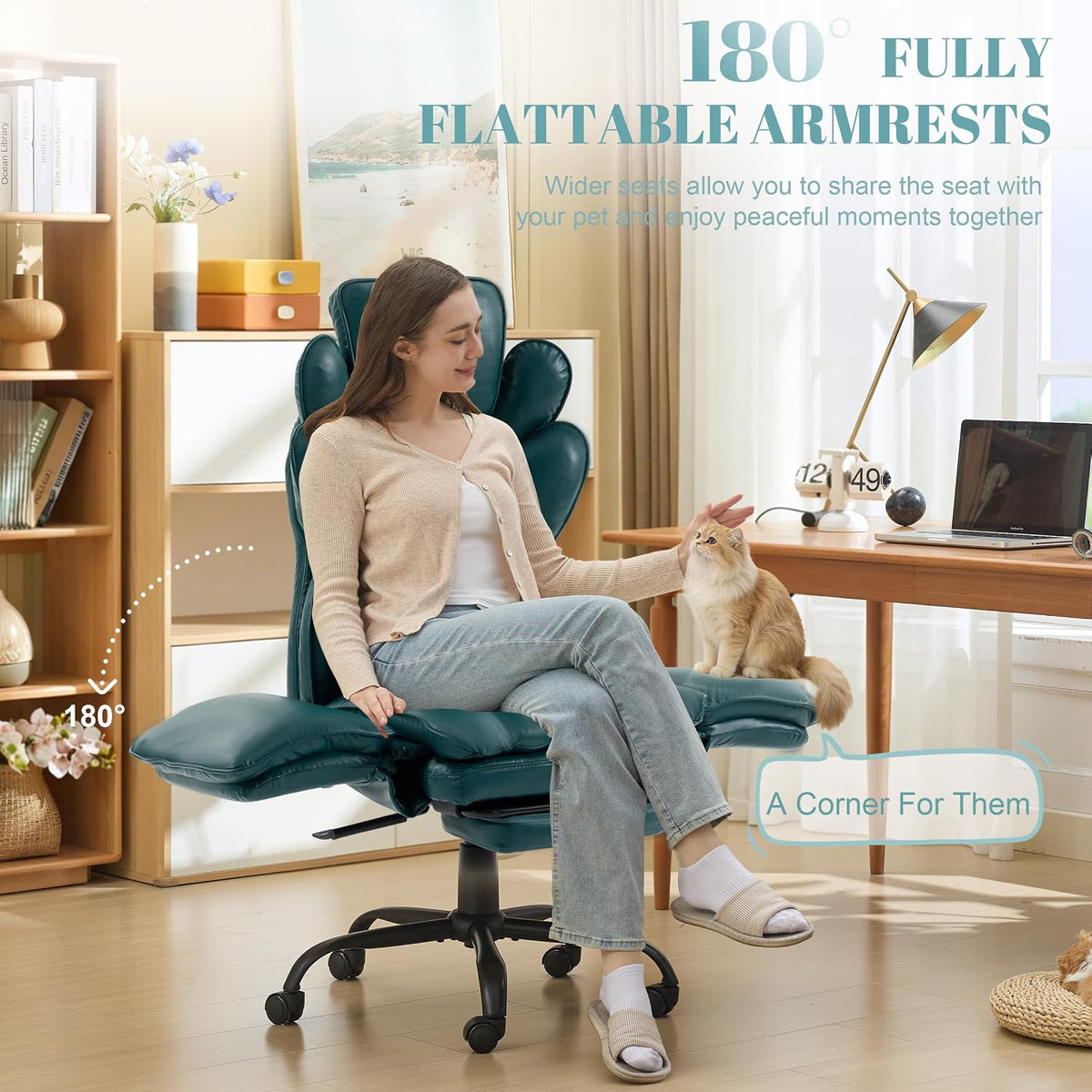 Flip Armrests Criss Cross Office Chair, Reclining Office Chair with Foot Rest, Adjustable Headrest, Massage Waist Pillow, Cross Legged Big and Tall Desk Chair Wide Seat Vanity Chair, Green PU Leather - Image 3