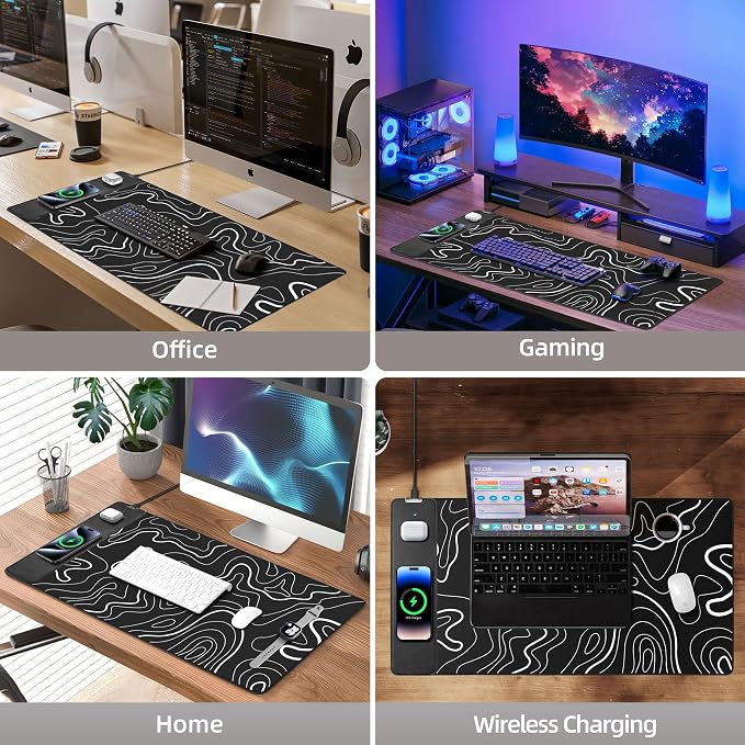 Magnetic Wireless Charging Mouse Pad, 31.5"x15.8" XXL Desk Mat | Gaming Mousepad, Ultra-Smooth Surface, Non-Slip Rubber Base, Waterproof Computer Keyboard Pad, Black and Topographic Line - Image 7