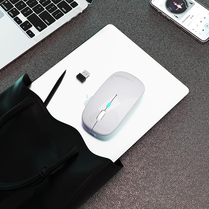 AIKOKOK Wireless Mouse, Bluetooth Mouse Rechargeable Dual Mode, Silver | BT 5.2 & 2.4G USB Receiver,3 Adjustable DPI,LED Lights,Slim,Silent,Portable Computer Mouse for Laptop,PC,MacBook,iPad,Tablet - Image 5