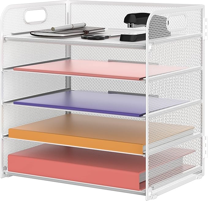 5 Trays Paper Organizer Letter Tray with Handle-Mesh Desk File Holders, Paper Sorter Desk Organizer for Office, Home, Classroom or School, White by SUPEASY