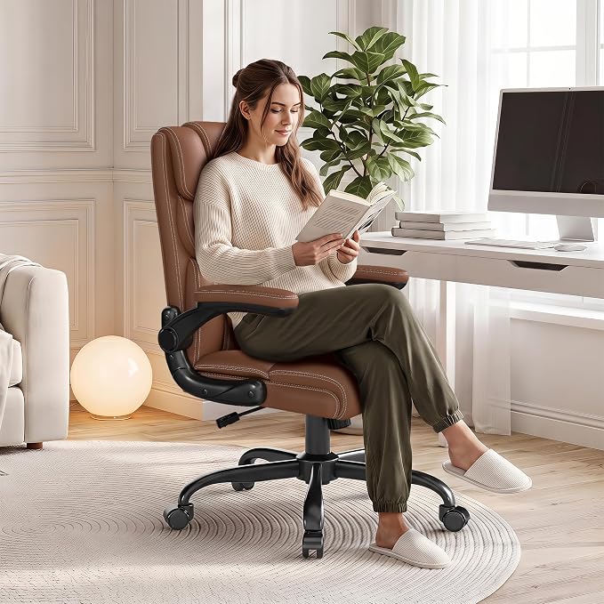 Office Chair, Executive Mid-Back Computer Desk Chair with Flip-up Armrests | 300 Lbs Ergonomic Leather Swivel PC Chair with Rock Function for Working Studying (Brown) - Image 8