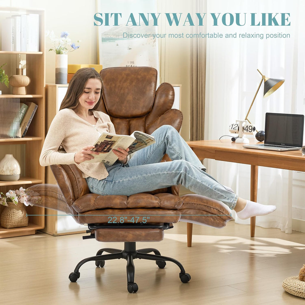 Flip Armrests Criss Cross Office Chair, Reclining Office Chair with Foot Rest, Adjustable Headrest, Massage Waist Pillow, Cross Legged Big and Tall Desk Chair Wide Seat Vanity Chair, Brown PU Leather - Image 7