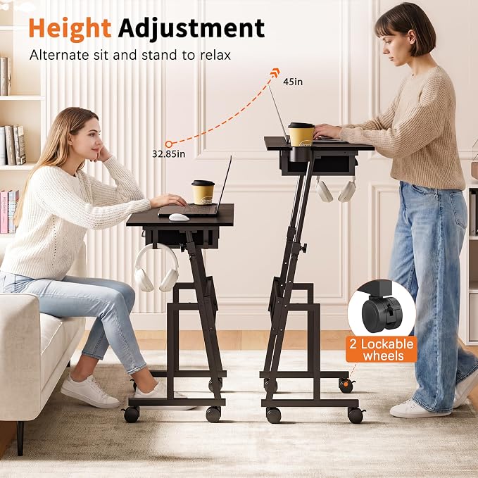 Adjustable Height Standing Desk with Drawer, Rolling Sit to Stand Up Desk | Height 31.5"-43.3" Small Mobile Laptop Standing Desk for Treadmill Walking Pad with Wheels, Movable Classroom Podium (Black) - Image 5