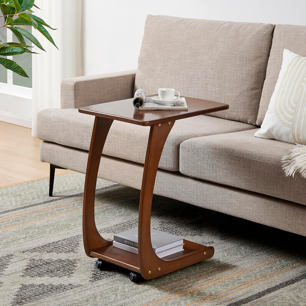 Solid Wood C Shaped End Table with Wheels,Walnut Color(15.7" W) - Image 5