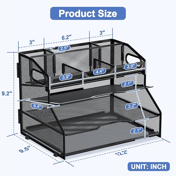 4 Tier Metal Desk Organizer with Magazine File Holder, Black | Space saving workspace desk file trays. Includes pencil holder and portable handles. Ideal for school and office supplies - Image 2