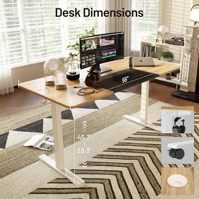 Monomi Electric Standing Desk 55”x24”, Height Adjustable Desk with Wheels | Sit Stand Up Desk for Home Office,Ergonomic Computer desk with Memory Preset and Anti-Collision,Headphone Hook, Natural - Image 3