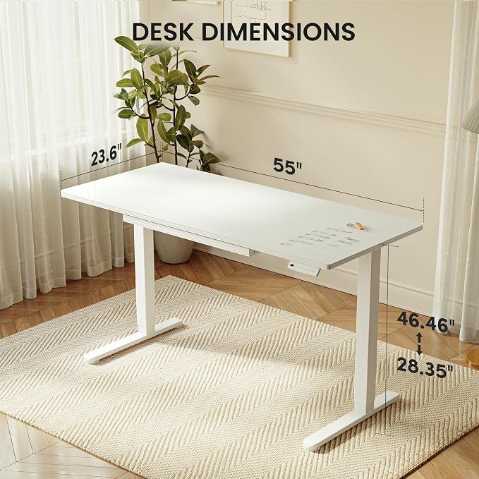 CubiCubi 55x24 Standing Desk with Glass Top, Height Adjustable Computer Desk with Drawer, One-piece Rising Home Office Desks with Positon Memory, Sit Stand Up Electric Workstation Table, White - Image 3