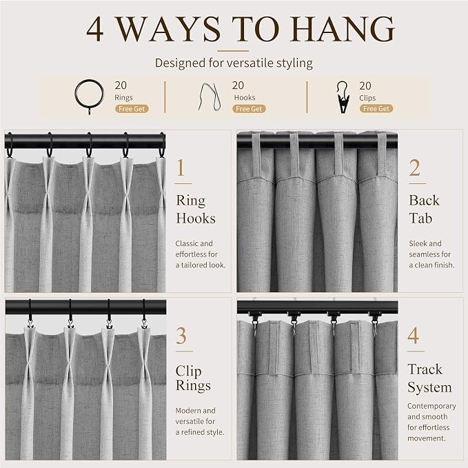 Hokibero Grey Pinch Pleated Linen Curtains 84 Inch Long for Living Room | Gray Light Filtering Semi Sheer Curtain,Back Tab Hooks Rings,Farmhouse Textured Privacy Drapes for Bedroom Window,2 Panels - Image 4