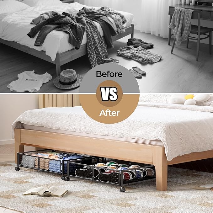 Yecaye Under Bed Storage with Wheels, 2 Pack Under Bed Shoe Storage, Black | Sturdy All-Metal Frame, Foldable, 360° Rolling Wheels, Tool-free Assembly, Underbed Storage Drawers for Shoes, Toys, Clothes - Image 6