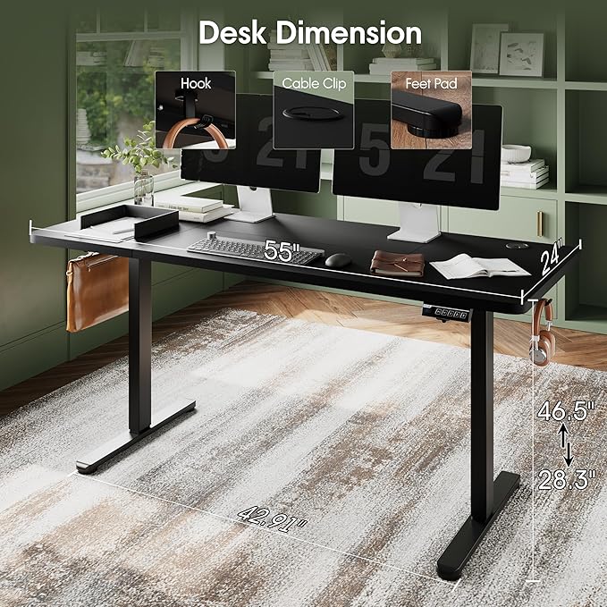 Monomi Electric Standing Desk 55"x24"Height Adjustable Sit Stand Up,Black | Ergonomic Computer Workstation Desk for Home Office with Memory Preset & Quiet Motor, Two-Piece Desktop - Image 3