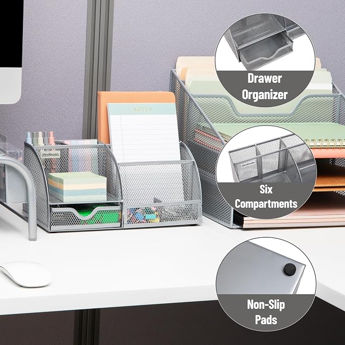 Mind Reader 7-Compartment Desktop Organizer, Metal Mesh Desk Organizer for Pens, Sticky Notes, Mail and Office Supplies, Silver - Image 4