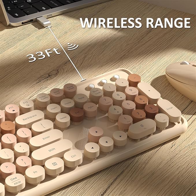 Links9+ Colorful Wireless Keyboard and Mouse Combo (Milky Tea Colorful) | Full-Size Retro Typewriter Style Keyboard with Vintage Round Keycaps, 2.4G Wireless Set for Windows, Mac, Laptop, PC, Desktop - Image 7