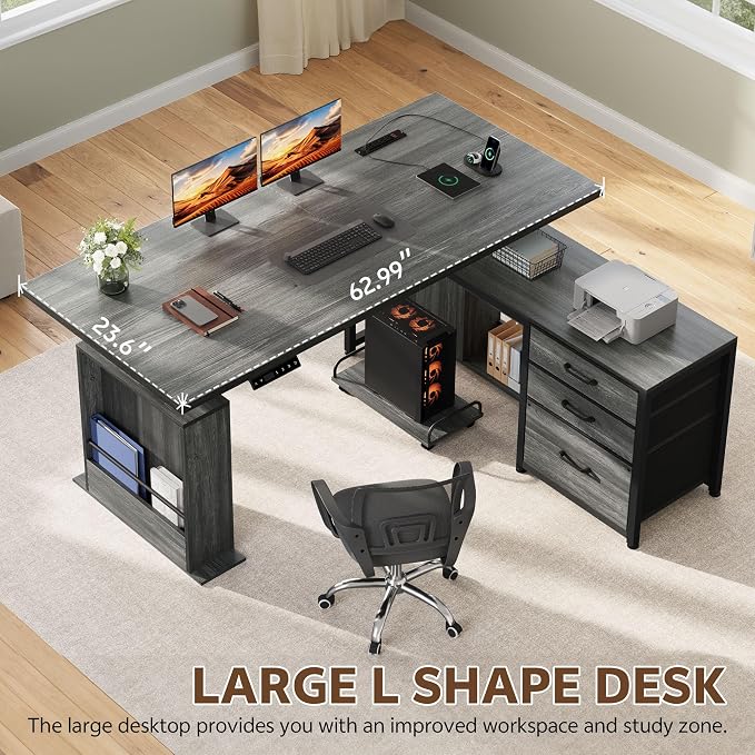 63'' L Shaped Desk with 3 Drawers Electric Standing Desks Grey | with Storage Computer Desk Adjustable Height with Power Outlets 4 Memory Presets for Home Office - Image 4