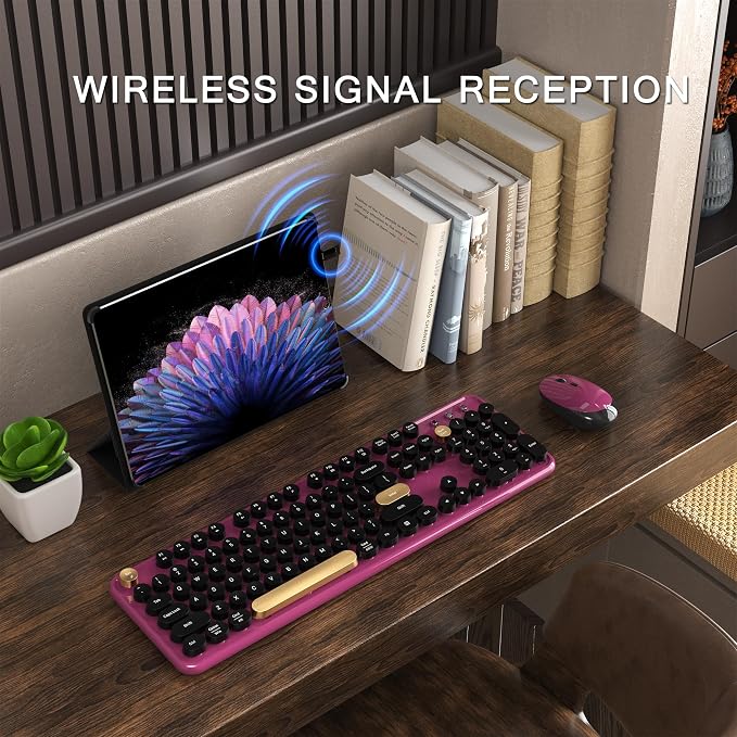 Colorful MPTOG Wireless Computer Keyboard and Mouse Combo (Black-Claret) | Retro Round Typewriter Keycaps, Power Switch, Ergonomic Design, 2.4GHz Wireless for Windows, Mac, PC - Image 2