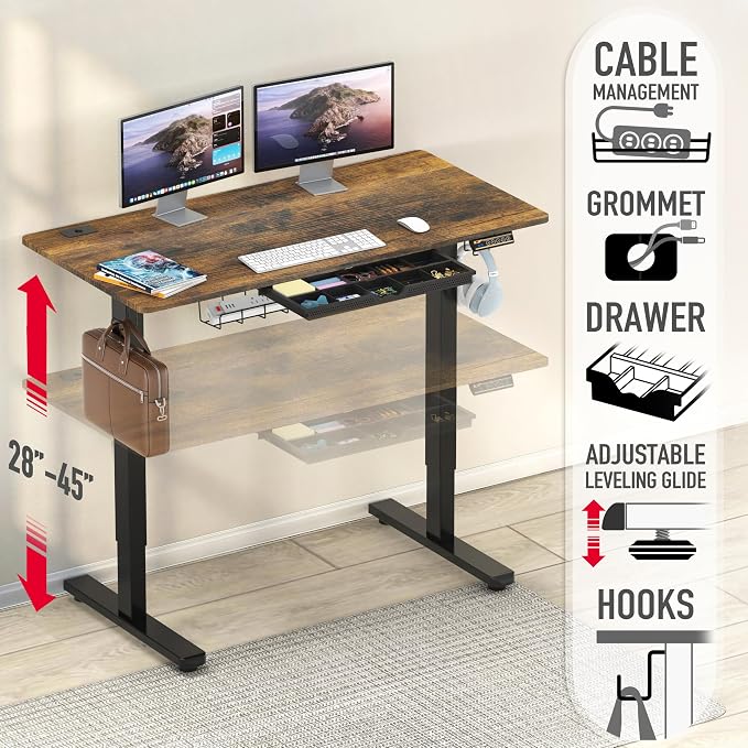 SHW 48-Inch Electric Height Adjustable Standing Desk w/Drawer, Rustic Brown | w/ Memory Presets and Cable Management | Drawer with adjustable compartments | Hanging Hooks - Image 4