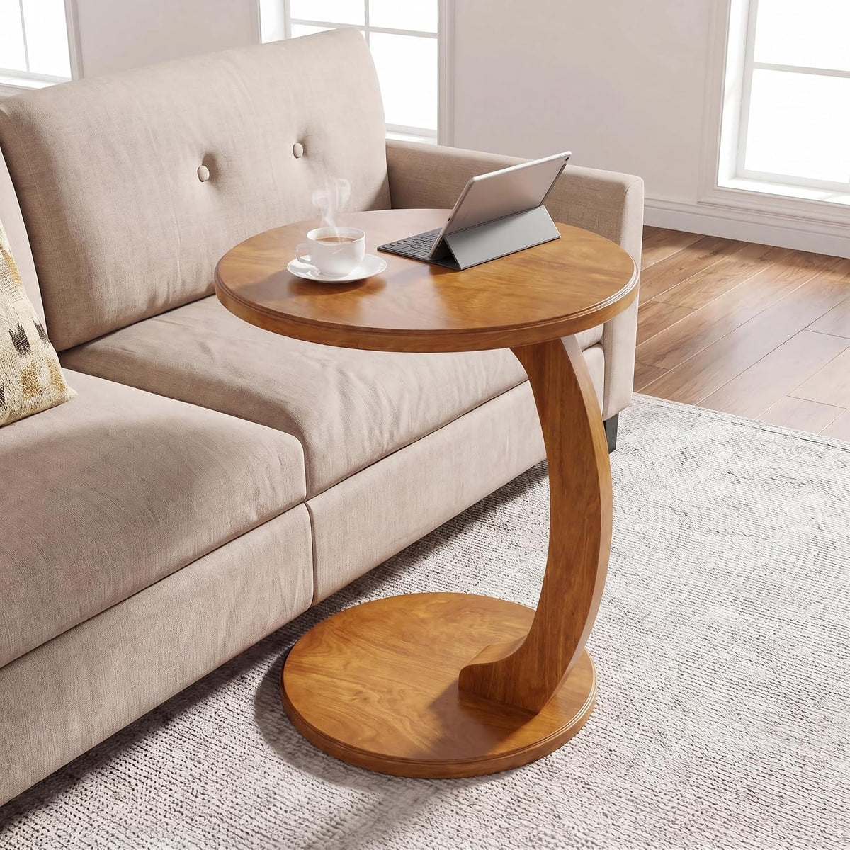 Tribesigns C Shaped End Table, Round Wood Side Table, Mid-Century Modern Style, Heavy Base, for Living Room, Bedroom, Small Space, Brown - Image 9