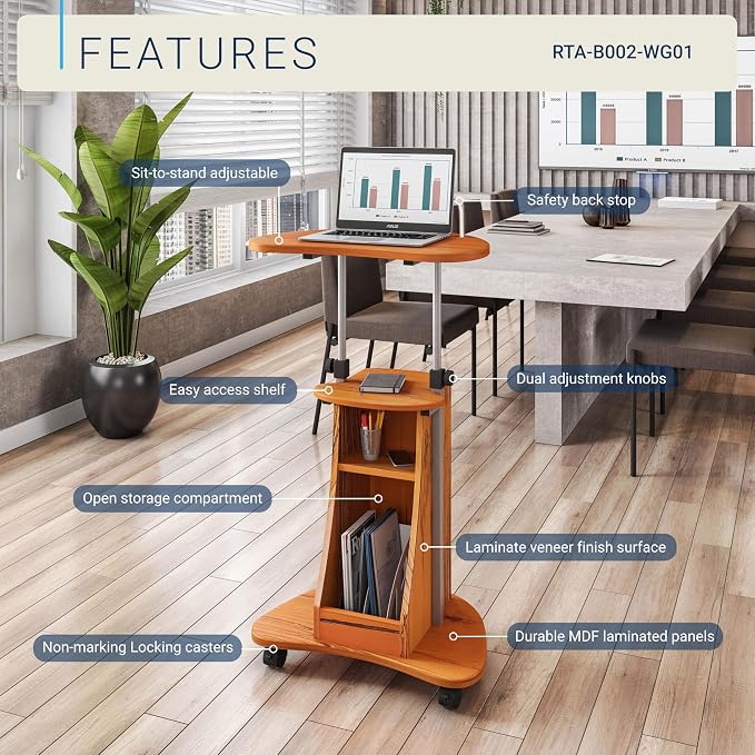 Adjustable Height Laptop Cart With Storage. Color: Woodgrain | Adjustable height rolling laptop cart with storage drawer, open shelf, wheels, sit‑stand design for office or medical use - Image 4