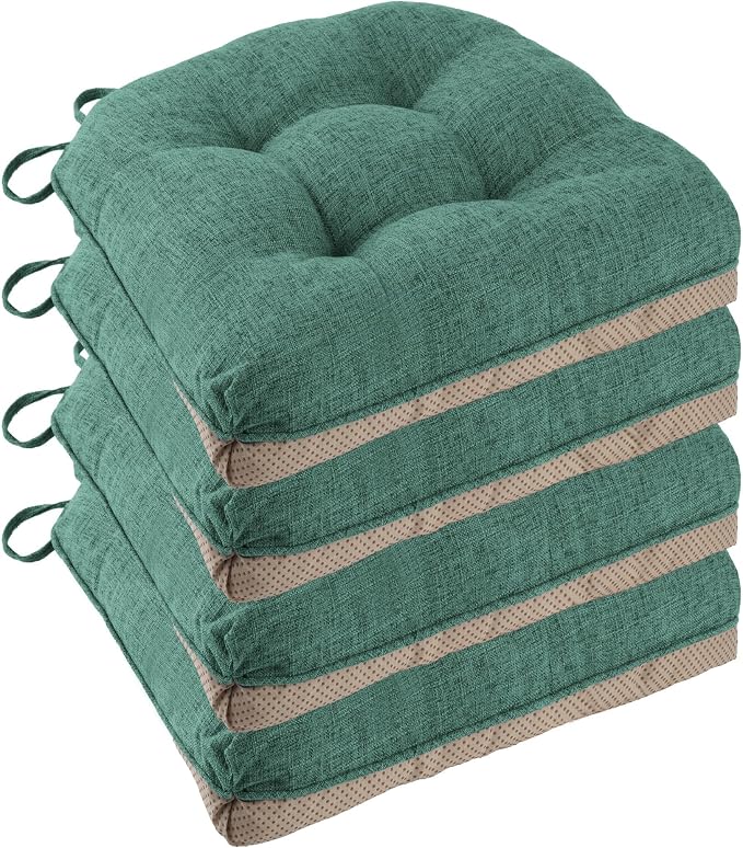 Chair Cushions for Dining Chairs Set of 4, 18"x18"x3", Green | Non-Slip with Ties, Tufted, Faux Linen, Seat Cushions for Dining Room Kitchen Breakfast Nook Indoor Home Office Living Room by FlyGulls