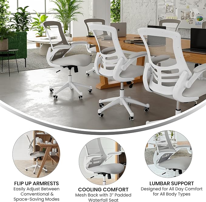 Flash Furniture Mid-Back Light Gray Mesh Swivel Ergonomic Task Office Chair with White Frame and Flip-Up Arms | White Frame, Mid-Back, Flip-Up Arms, Mesh Back - Image 4
