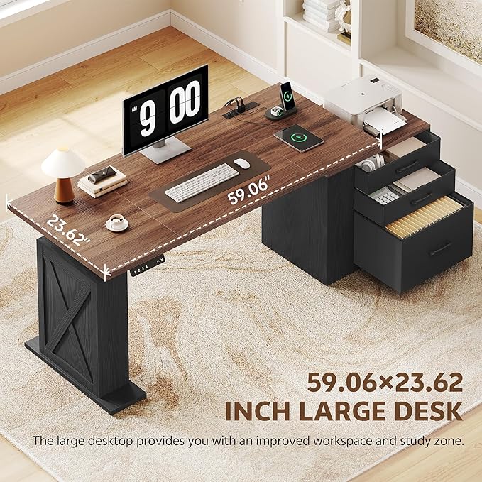 75.5'' Electric Standing Desk with Drawers Corner Desk Black | Farmhouse Adjustable Sit Stand Office Desk with 4 AC Outlets & Type C Port, Executive Computer Desk - Image 4