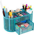 EasyPAG Mesh Pen Holder Desk Organizer with Drawer Stationery Supplies Organizer for Dorm School 9 Compartments Workspace Desk Accessories Organization for Office, Blue by EasyPAG