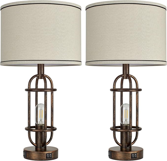 Reaketon Table Lamps for Living Room Set of 2, 22.3" Farmhouse Lamps for Nightstand, Industrial Table Lamps for Bedroom with USB Ports, Retro Bronze - Image 7