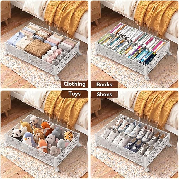 PHINOX Under Bed Storage with Wheels,Patterned,Sturdy Metal,2 Pack,White | Tool-free assembly, glide smoothly, easy reach, foldable, maxmazie low-profile beds, dorm, keep seasonal clothes, shoes fresh - Image 3