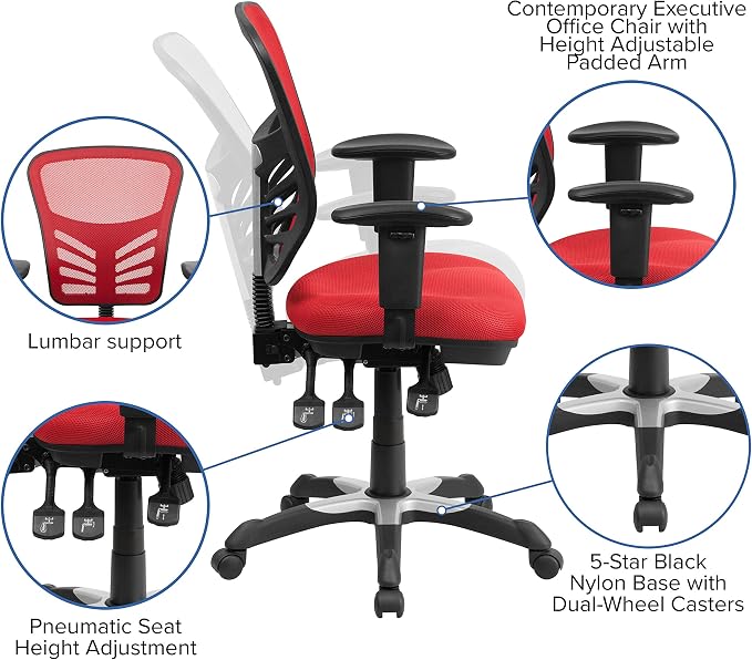 Flash Furniture Mid-Back Mesh Executive Office Chair, Red | Adjustable Armrests, 360° Swivel, Height Adjustable, Commercial Grade - Image 4