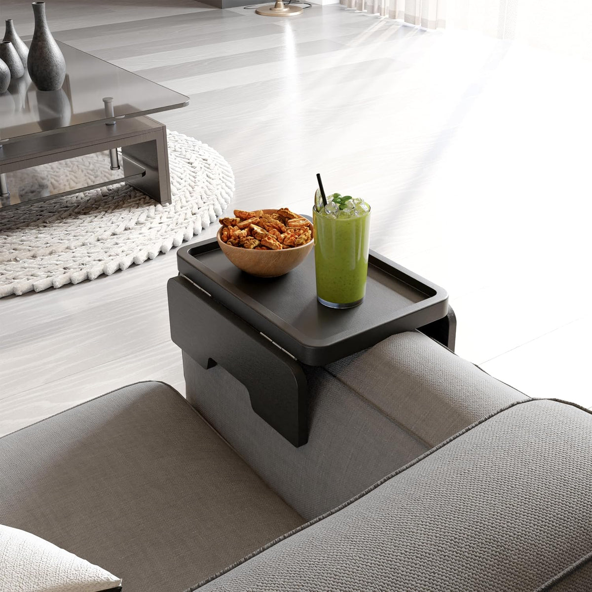 Acacia Sofa Arm Tray Table, Double Hinge, Clip-On Couch Tray, Black - Image 5