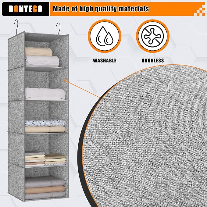 Hanging Closet Organizer 5-Shelf, Oxford Linen Wardrobe Storage, Gray | Easy-mount foldable design holds clothes, handbags, shoes & accessories; washable Oxford fabric, sturdy and space-saving. - Image 6