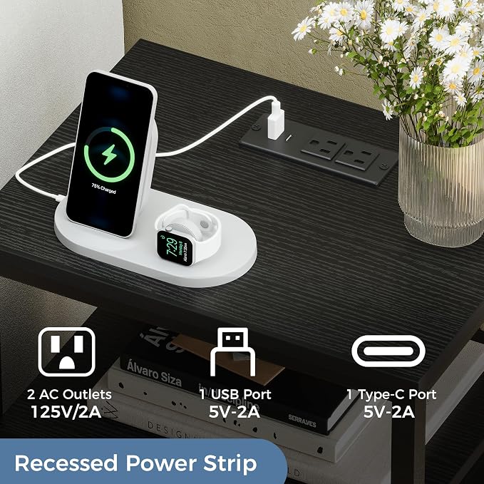 OLIXIS Nightstand with Charging Station, Beside Table with Fabric Drawers | 3-Tier End Table with Storage Shelf, Night Stand with USB Ports and Outlets for Bedroom, Black - Image 5