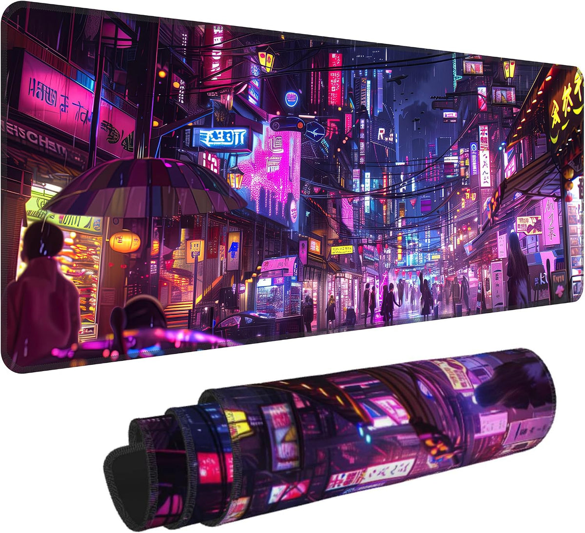Cyberpunk Mouse Pad,XL 31.5"x11.8" Big Gaming Mousepad,Japanese Streets Large Extended Mouse Mat,Non-Slip Rubber Base Waterproof with Stitched Edges for Gaming Office Home by HUNJIEEM