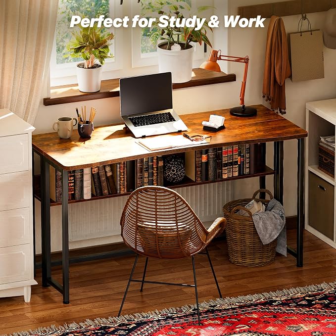Huuger Folding Desk with Storage Shelf, 47.2 Inch Foldable Computer Table | Writing Work Office Computer Desk for Small Spaces, Space Saving Sofa Table for Couch, Easy to Fold, Rustic Brown - Image 8