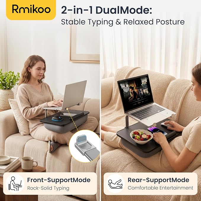 Rimkoo Elevated Lap Desk for 15.6" Laptop, 2-in-1 Dual Laptop Stand with Pillow Cushion, Lightweight Lap Tray for Couch & Bed, Ergonomic Design for Stable Typing & Relaxed Posture, Black - Image 2