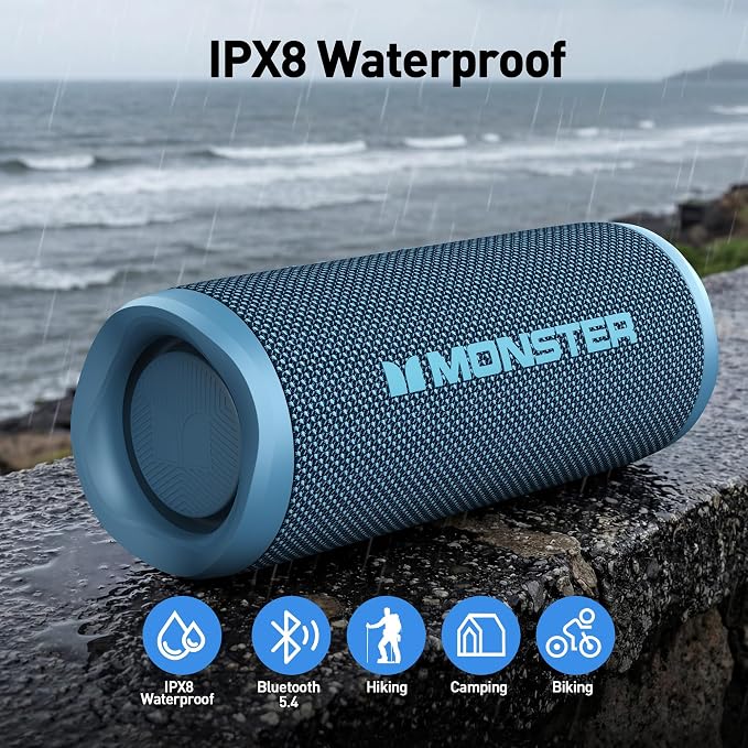 Monster S620 Bluetooth Speaker, Wireless Portable Outdoor Bluetooth Speakers, 60W True Wireless Stereo IPX8 Waterproof, Dual PairingBluetooth 5.4 Built-in Mic, Perfect for Home, Blue - Image 4