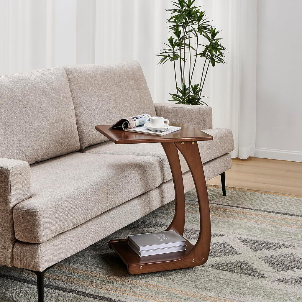 Solid Wood C Shaped End Table with Wheels,Walnut Color(15.7" W) - Image 3