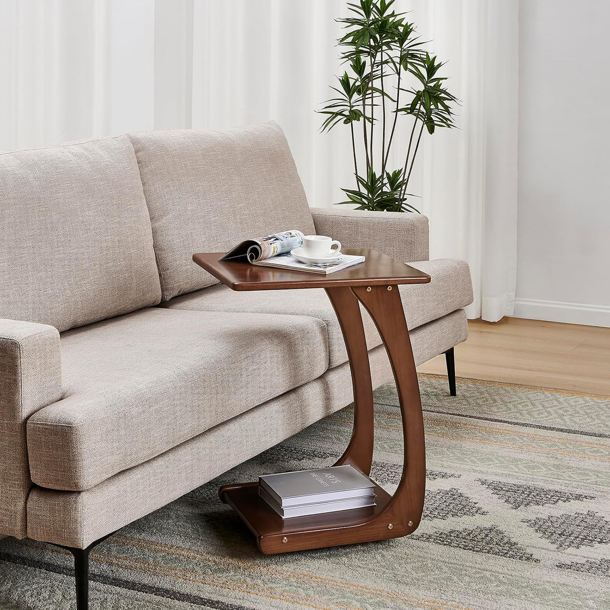 Solid Wood C Shaped End Table with Wheels,Walnut Color(15.7" W) - Image 3
