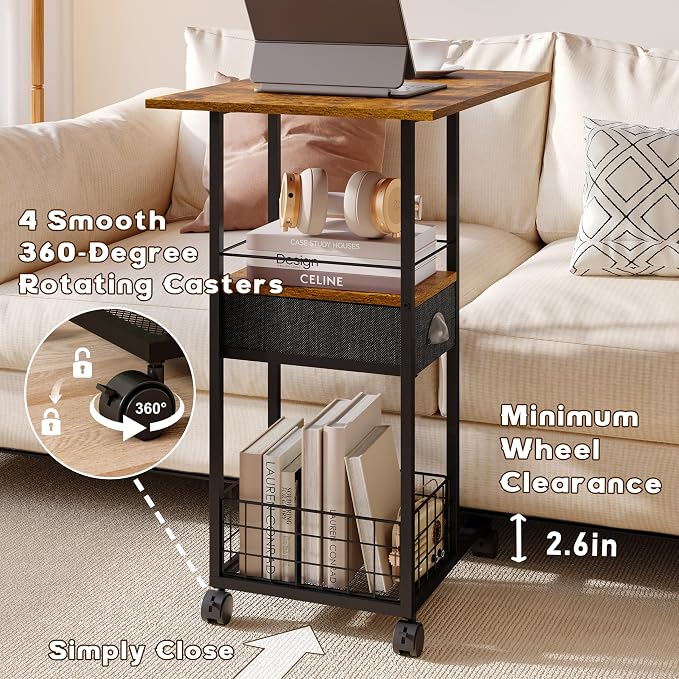 Rolling C-Shaped Side Table with Wheels and Oversized Wood Top, Mobile Overbed Stand with Drawer for Bed or Sofa, Metal Frame Couch Companion for Living Room, Bedroom, or Home Office (Large Desktop) - Image 5