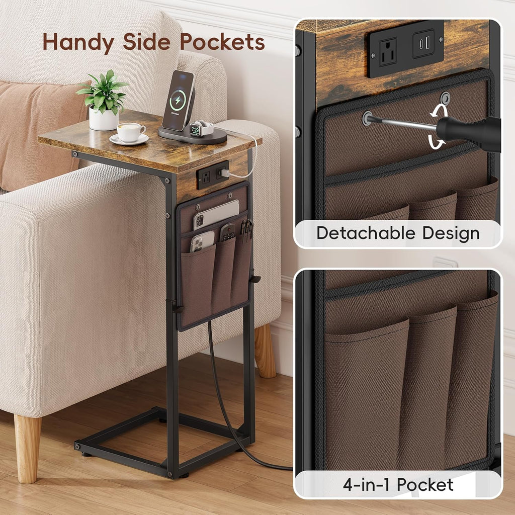 C Shaped End Table with Charging Station, Adjustable Height Side Table for Couch, Small Sofa Table with Storage Bag, Slide Under Sofa TV Tray Snack Arm Tables for Living Room, Bedroom, Brown - Image 6
