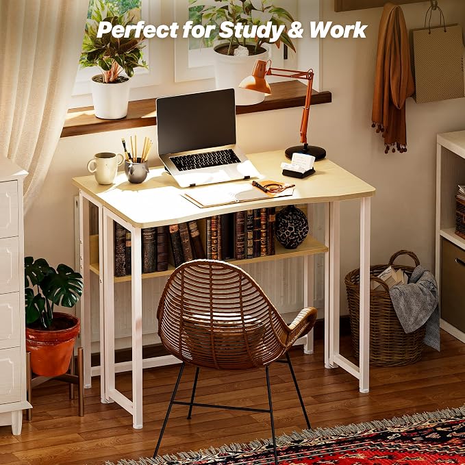 Huuger Folding Desk with Storage Shelf, 31.5 Inch Foldable Computer Table | Writing Work Office Computer Desk for Small Spaces, Space Saving Sofa Table for Couch, Easy to Fold, Oak - Image 8