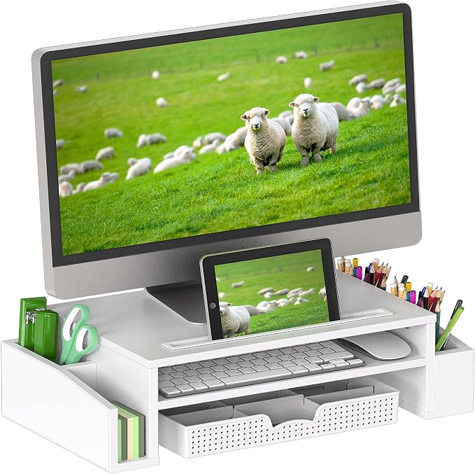 Simple Houseware Desk Monitor Stand Riser w/ Adjustable Tray, White | Built-In Tablet Slot and Side Storage by SimpleHouseware